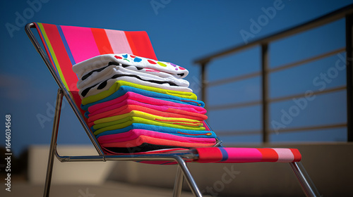 colorful beach towels folded neatly on sun lounger