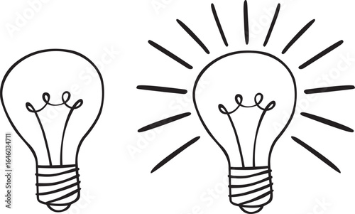 The illustration shows two vector lightbulbs, one off and the other shining brightly with rays of light