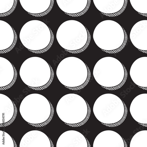 The image is a seamless black and white vector illustration of a pattern of circles with hatched shadows