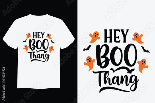 Hey Boo Thang Halloween T‑Shirt Design | Cute Ghosts and Bats Lettering Vector
