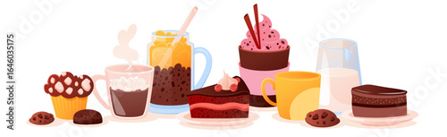 Coffee drinks with lush foam, cappuccino in a glass with a straw, a cup of tea, cakes on a plate, cookies, cupcake, muffins, croissant. Hot and cold coffee, a set of desserts.