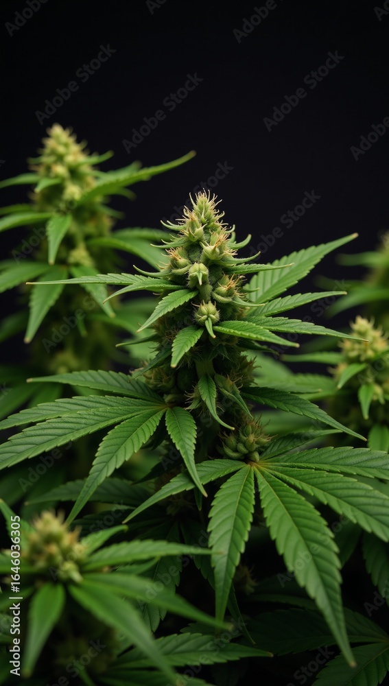 Fototapeta premium Dense cannabis leaf foliage against a green backdrop
