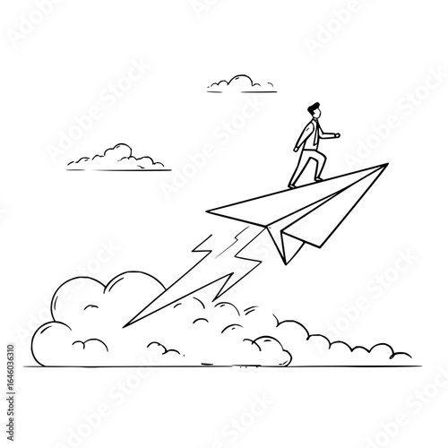 Business man flying on paper airplane success concept leadership innovation startup career growth ambition journey 100
