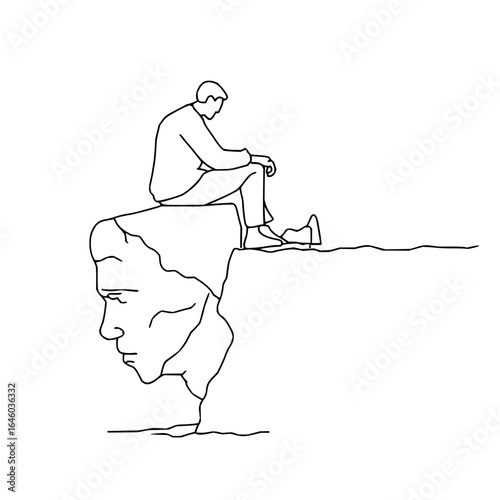 Man sitting on cliff edge contemplating life and face of rock art in black and white line drawing art