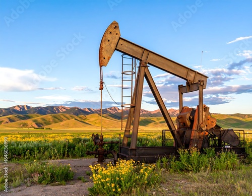 Oil pump jack in a field at sunset