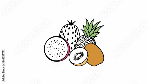 Illustration of a group of fruits including dragon fruit kiwi and pineapple