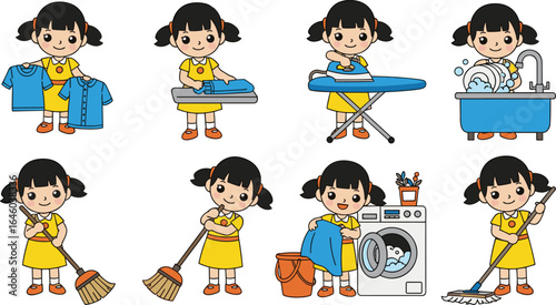 PrintCartoon girl doing house chores, cleaning, washing, ironing, sweeping, helping at home, daily routine, housework illustration, kids responsibility, cute helper
