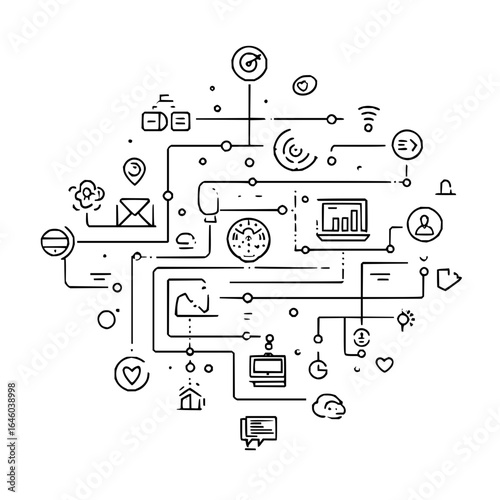 Network connection diagram with data analytics and communication icons for business and technology solutions