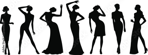 PrintFashion model silhouettes, elegant women posing, stylish female figures, runway fashion illustration, beauty and glamour, women in dresses