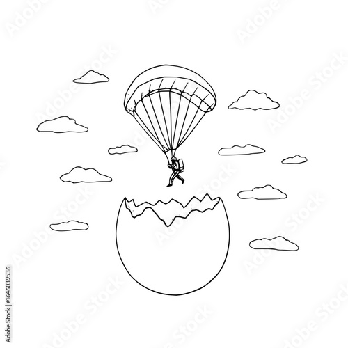 Parachute jump from eggshell with clouds in sky drawing illustration adventure sport skydiving freefall design 100