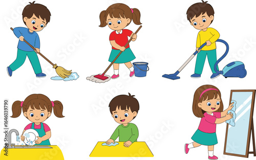 PrintKids cleaning, children doing chores, cartoon kids housework, helping at home, washing dishes, vacuuming, sweeping, mirror cleaning, household tasks, illustration
