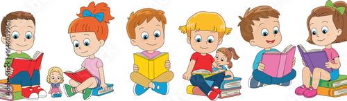 PrintKids reading books, cartoon children studying, learning time, happy students, education illustration, school kids, reading activity, book lovers, childhood learning
