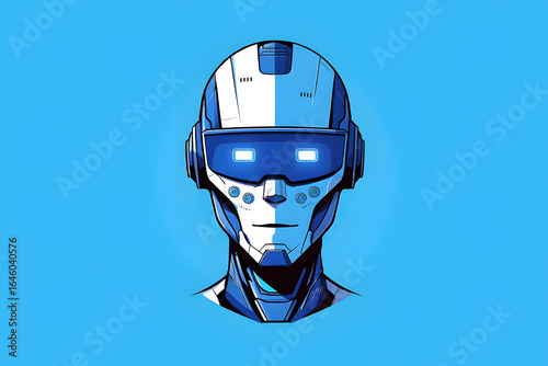 Futuristic Robot Portrait:  Blue and White AI, Calm Expression, Digital Art, Technology Concept