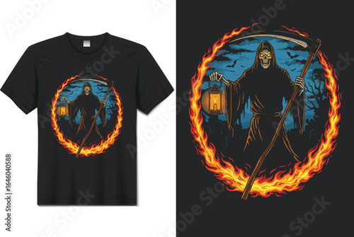 Grim Reaper with Scythe and Lantern in Ring of Fire – Halloween Dark Art T‑Shirt Vector