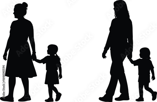 PrintMother, daughter, son, silhouette, family, parenting, love, walking, holding hands, together, bond, care, affection, mom, child, connection, motherhood, vector, relationship, unity