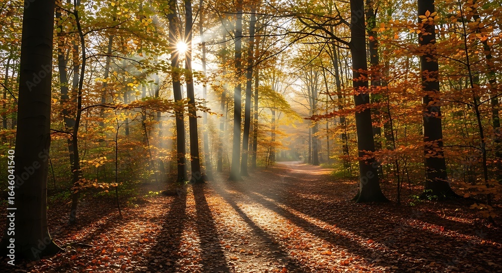 Obraz premium sunlight streams through the autumn forest, casting long shadows on the path covered with fallen leaves, creating a serene and peaceful woodland scene