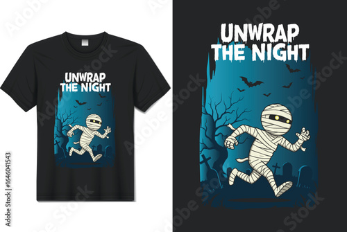 Unwrap the Night – Cute Mummy Running in Graveyard Halloween T‑Shirt Cartoon Vector