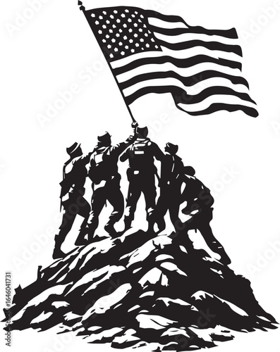  Soldiers Raising the National Flag on a Hill of Rocks