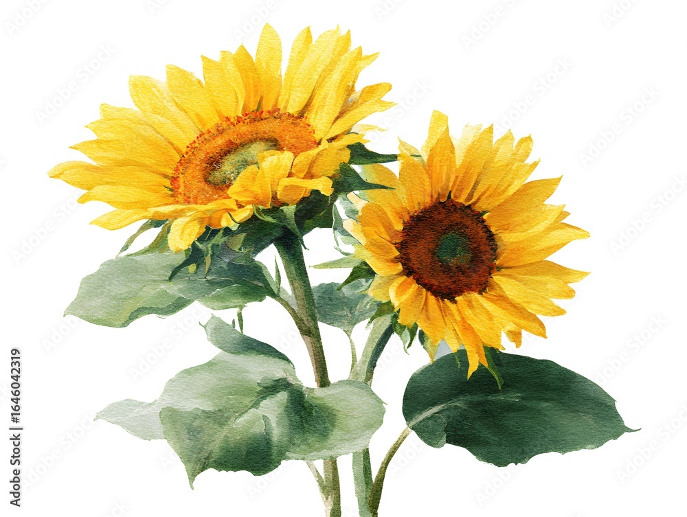 Obraz premium Two Large Sunflowers in Minimalist Watercolor Illustration