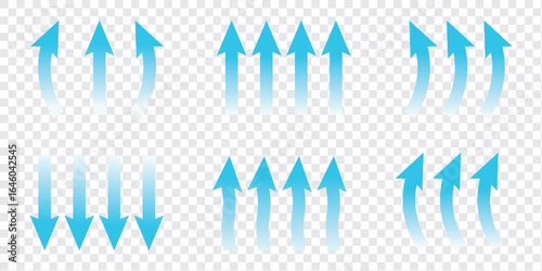 Set of blue arrow showing wind air flow isolated on white background, air direction signs. Air conditioning arrows