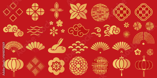 Golden chinese new year symbols on red background