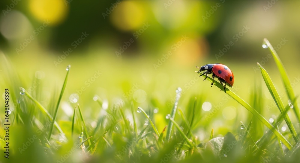 Ladybug on Dew-Kissed Grass in Sunny Meadow Ladybug on Dew-Kissed Grass in Sunny Meadow