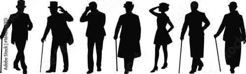 PrintSilhouette, vintage, people, men, woman, walking, cane, hat, classic, fashion, black, retro, formal, standing, posing, elegant, style, Victorian, historic, classy