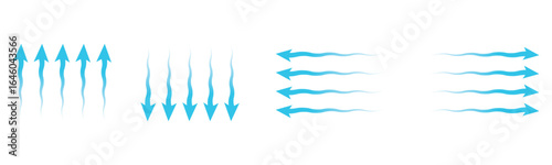 Air flow arrow. Set of blue arrow showing wind air flow. Vector set of air flow arrows. Blue air flow arrows showing wind circulation and ventilation.