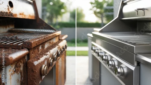 Close-up comparison of old rusty outdoor barbecue grill and new shiny stainless steel gas grill in bright backyard setting

