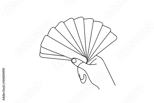 Hand holding fanned out cards or papers in a simple outline single line vector