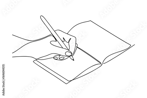 Hand writing with pen open notebook in continuous line art style single line vector