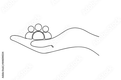 Hand holding three simplified human figures in continuous line drawing single line