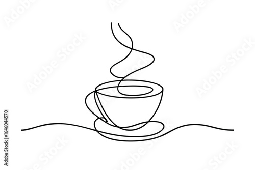 Minimalist single line art a steaming coffee cup saucer vector