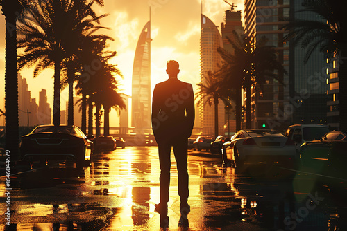 Man silhouette cityscape sunset dubai