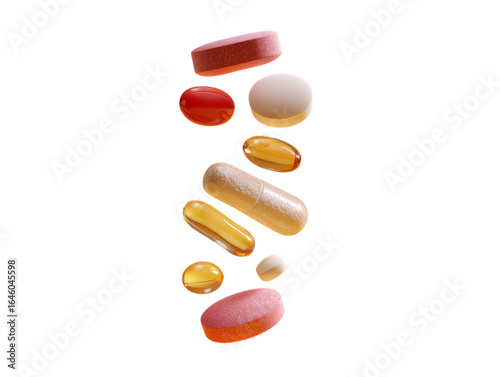 Assorted colorful pills and capsules falling in a vertical line isolated on transparent background