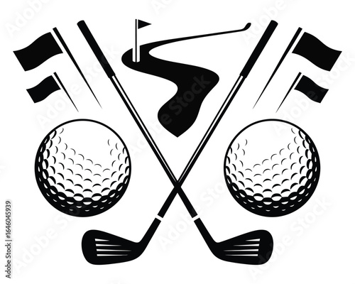 Golf sport emblem with crossed clubs, balls, and fairway flag vector illustration. Monochrome crest design for a tournament or team.