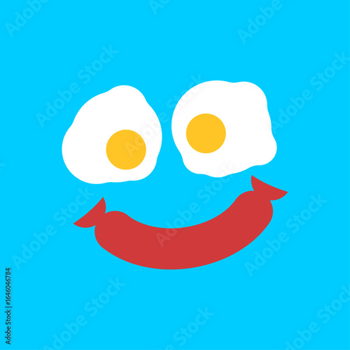 Smiley face made from fried eggs and bacon, symbolizing breakfast, joy, and good mood.