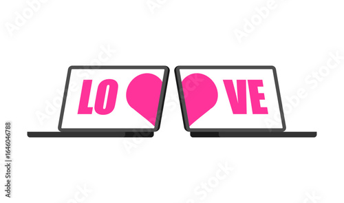 Two laptops with word LOVE, symbolizing online dating, digital romance, and virtual relationships.