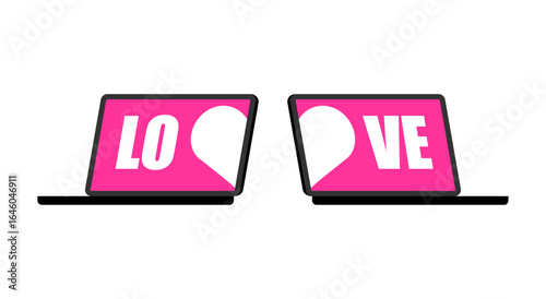 two laptops displaying “LOVE” on screens, symbolizing online dating, virtual romance, and long-distance relationships. Perfect for modern communication and love technology concepts.