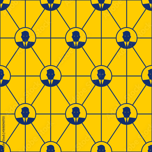 Seamless pattern with connected people icons on yellow background, symbolizing corporate network, communication, teamwork, and social structure. Ideal for business, HR, and social media themes.