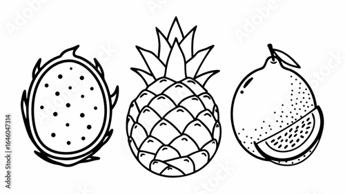 Tropical fruits dragon fruit, pineapple, pomelo on white background