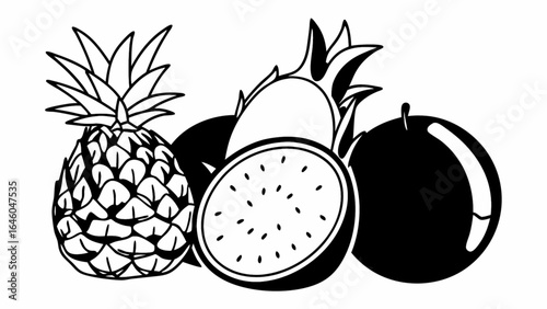 Black and white tropical fruits, pineapple, dragon fruit