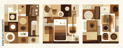 Abstract Coffee Still Life in Earth Tones Modern Geometric Art with Various Shapes and Delicious Beverages for a Cafe Aesthetic