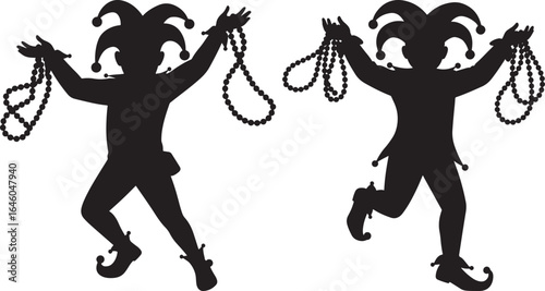 Two jester silhouettes dancing and holding mardi gras beads silhouette