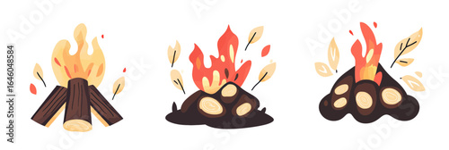 Set of three flat minimalist vector campfires with burning wood logs and stylized flames isolated on white background for outdoor and camping concepts