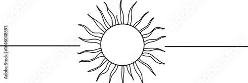 Minimalist black line art sun with radiating curved rays and horizontal lines on white background simple vector design energy warmth celestial symbol illustration