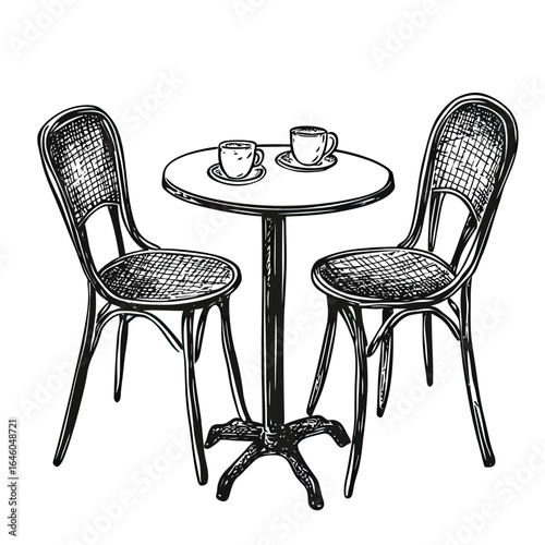 Hand drawn black and white sketch of round bistro table with two chairs and two coffee cups on top minimalist vector illustration cafe furniture design