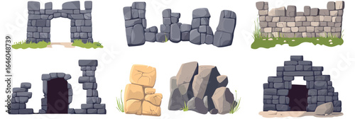 Set of cartoon stone walls and ruins including ancient rock towers, broken brick fences, and stone boulder borders with flat minimalist design and grass details