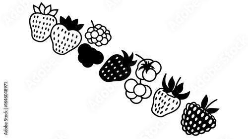 Black and white line art of strawberries, raspberries, and currants on white background
