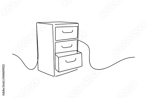 Simple single line drawing a three drawer filing cabinet with one drawer open office
